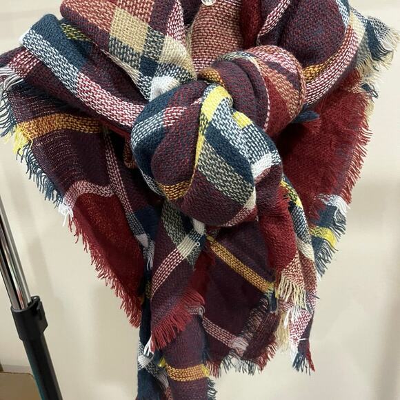 Plaid Autumn/Fall Maroon Green Yellow Blanket Scarf Wrap and Shawl - Picture 4 of 7
